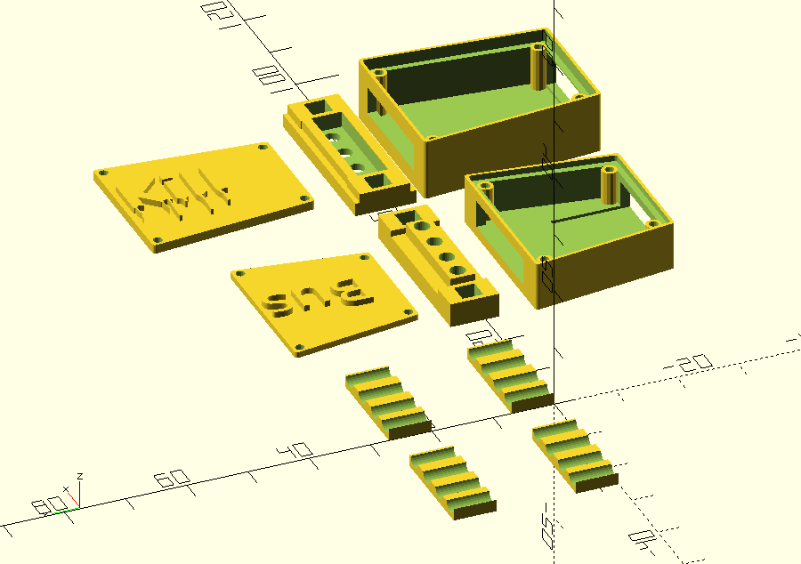 OpenSCAD rendering of 3D printed parts used in buskill project